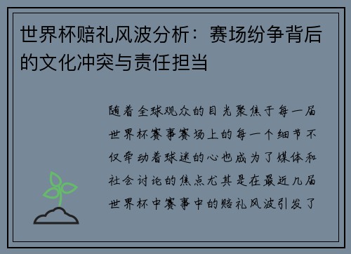 世界杯赔礼风波分析：赛场纷争背后的文化冲突与责任担当