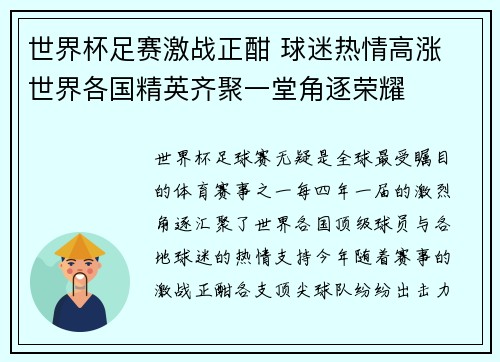 世界杯足赛激战正酣 球迷热情高涨 世界各国精英齐聚一堂角逐荣耀